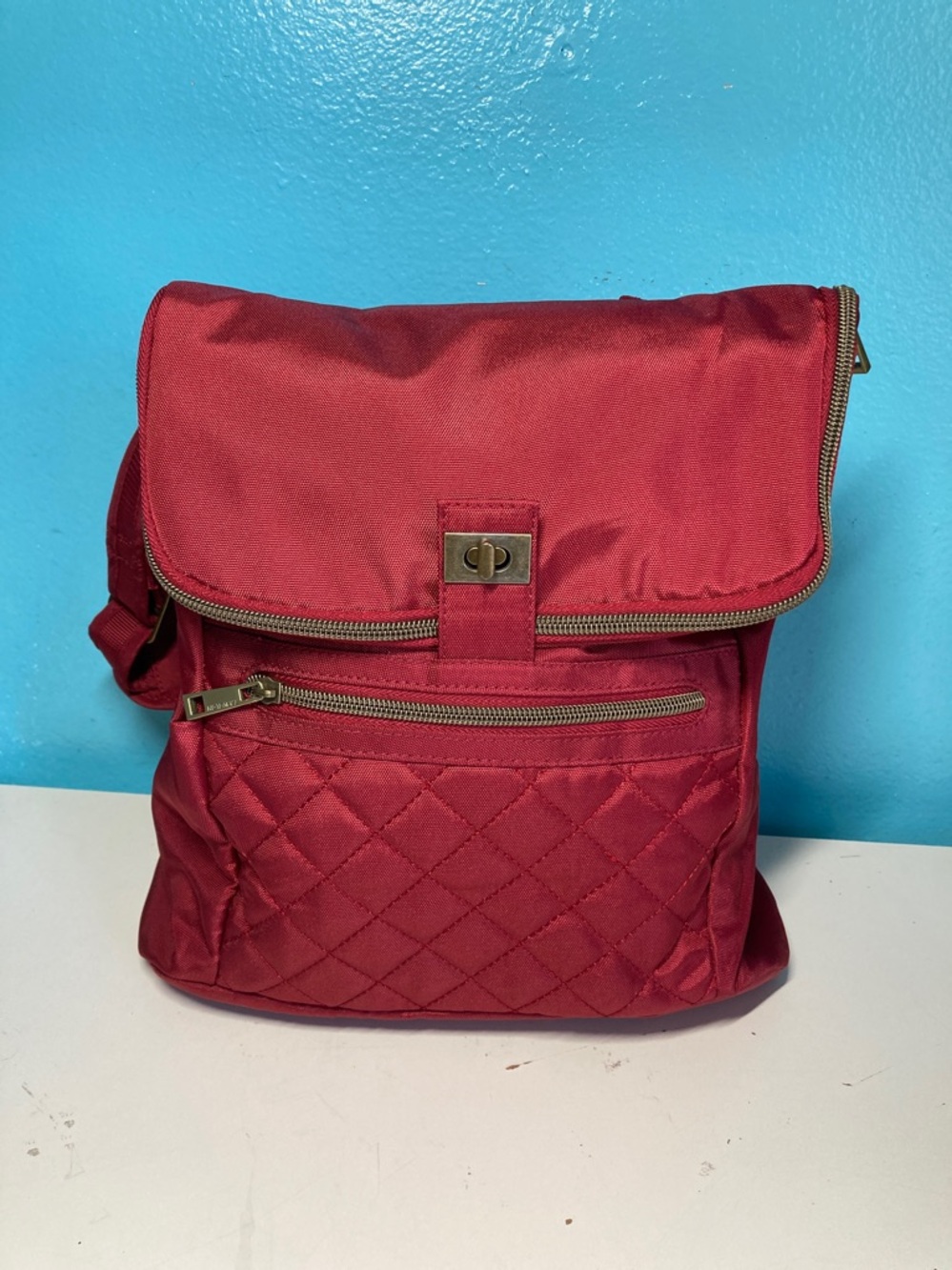 Travelon Red Fold Over Zip Top Quilted RFID Convertible Bag Backpack 11" X 11"